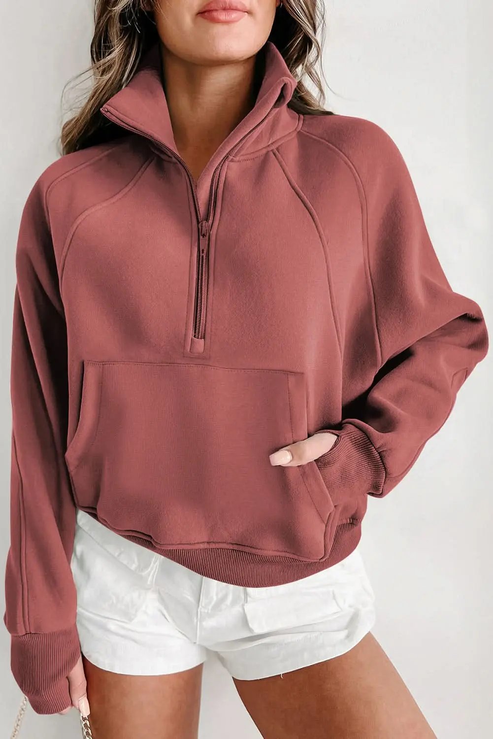 Brown Fleece Lined Zip Up Stand Collar Thumbhole Sleeve Sweatshirt - Love Salve